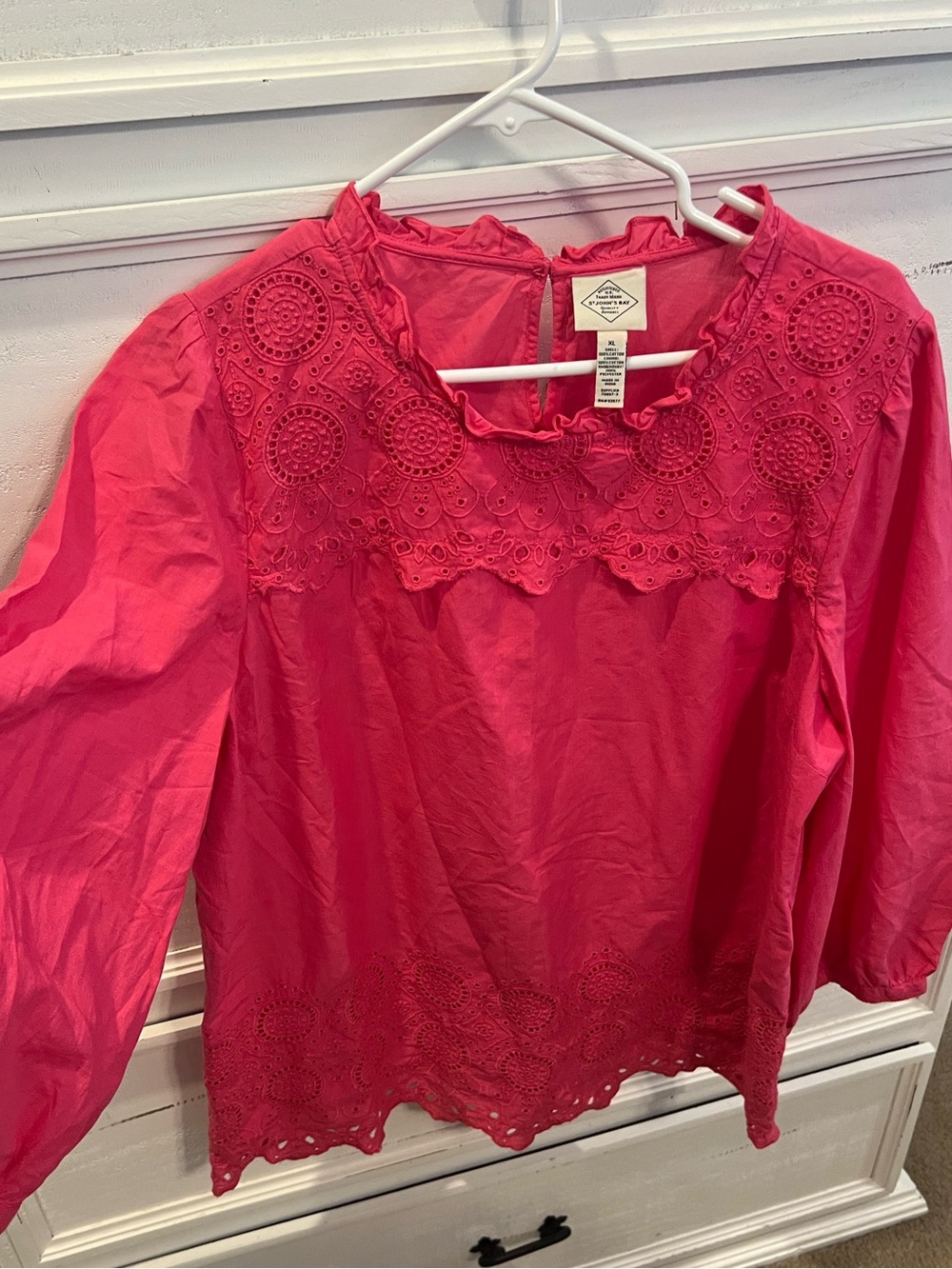 St. John's Bay Bright Pink Eyelet Embroidered Yoke Blouse - Picture 3 of 7